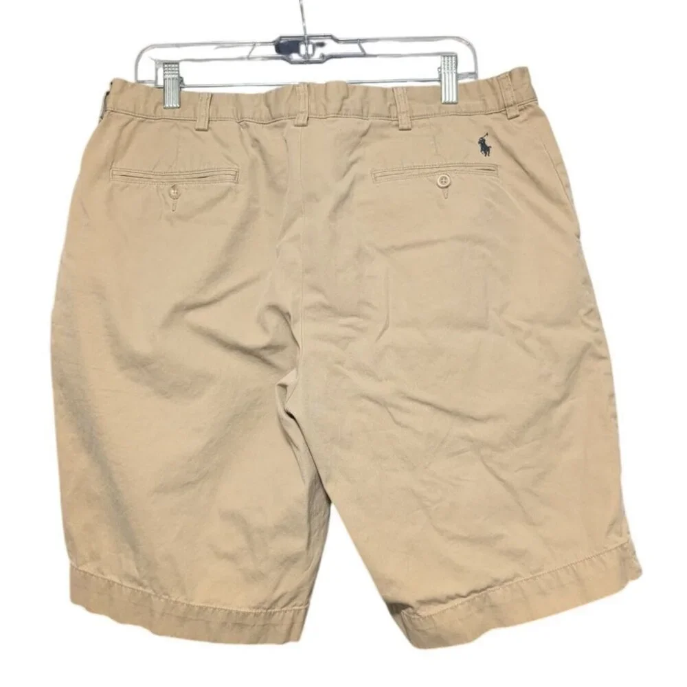 Polo Ralph Lauren Khaki Chino Shorts Mens 36 Flat Front Classic Fit Blue Pony